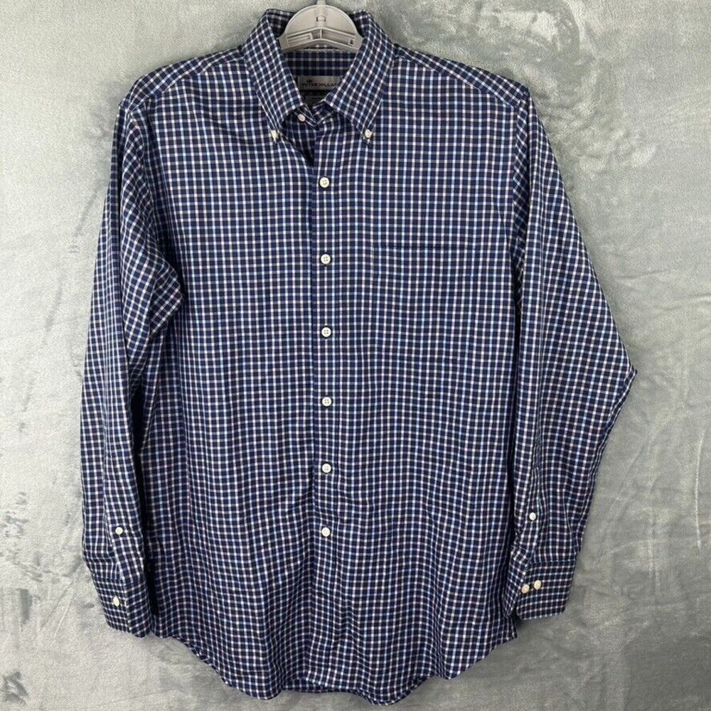 peter millar shirt mens nanoluxe blue‎ check long sleeve